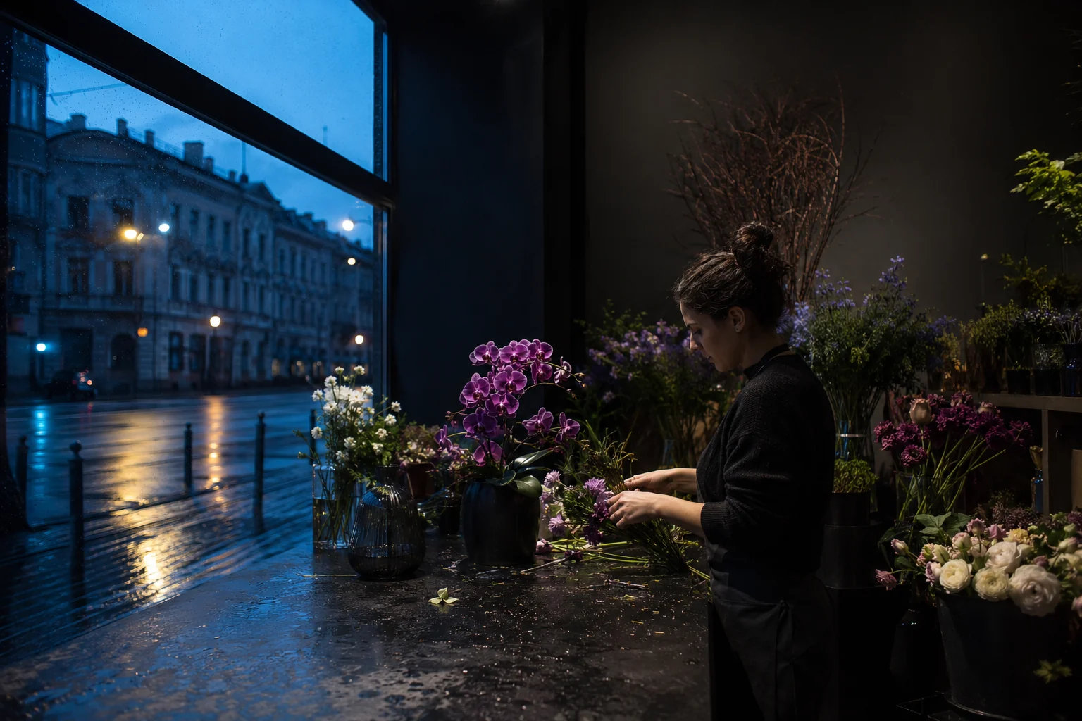 Floristka viaže sezónnu kyticu na pracovnom stole
