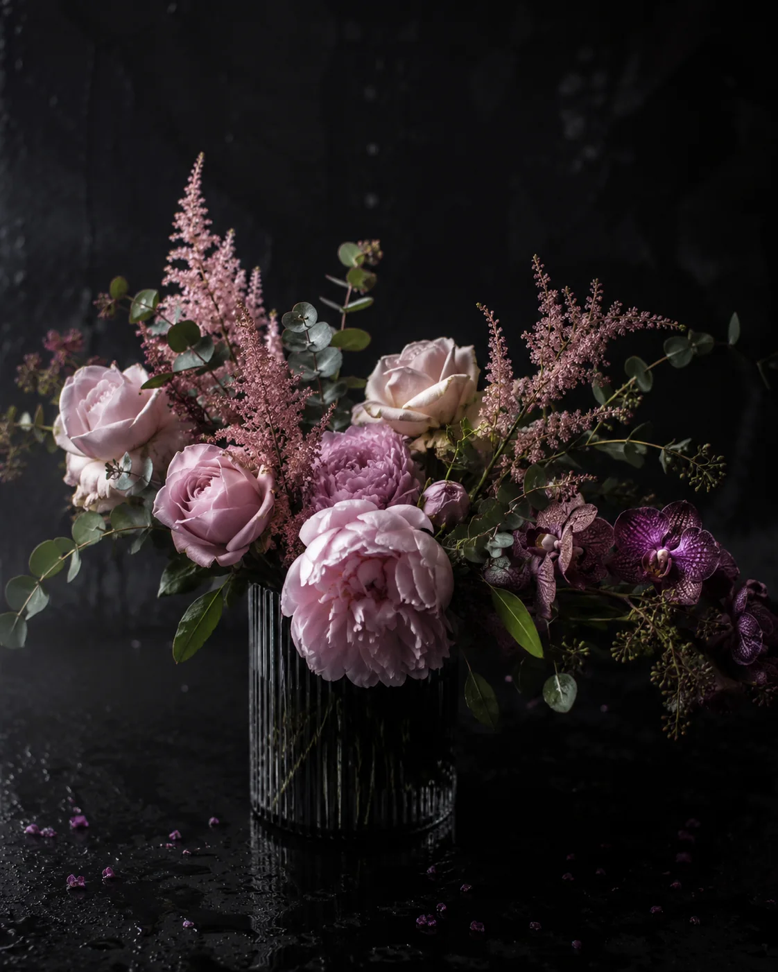 Tiché ďakujem, pivónia, ruža, astilbe, eucalyptus